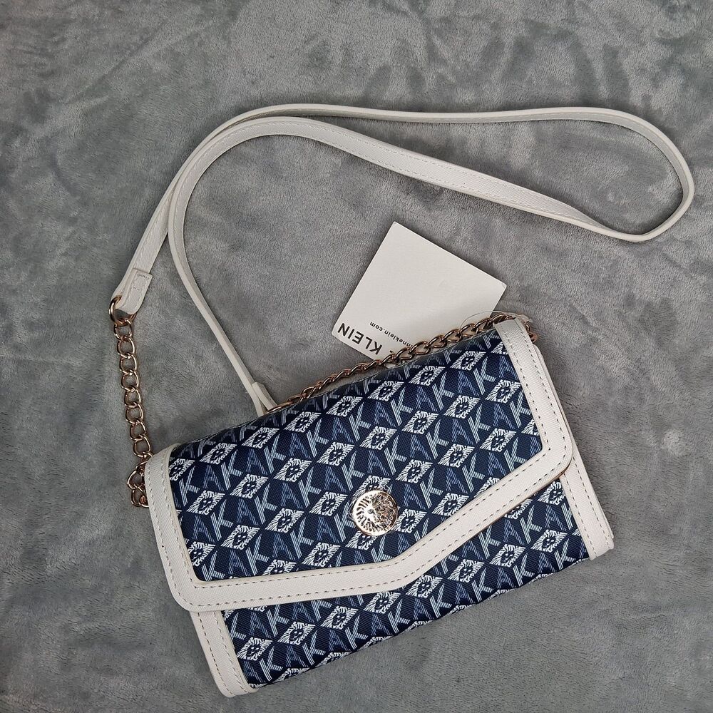NWT Anne Klein Navy White Logo Print Small Crossbody Bag Gold Chain